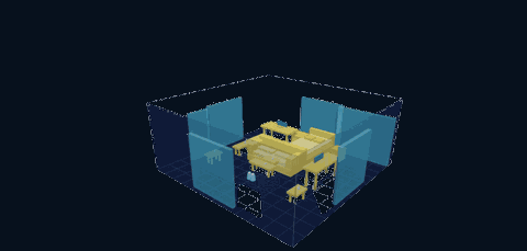 Animated 3D reconstruction of a room's layout, furniture, and a person, generated entirely from Wi-Fi signal reflections